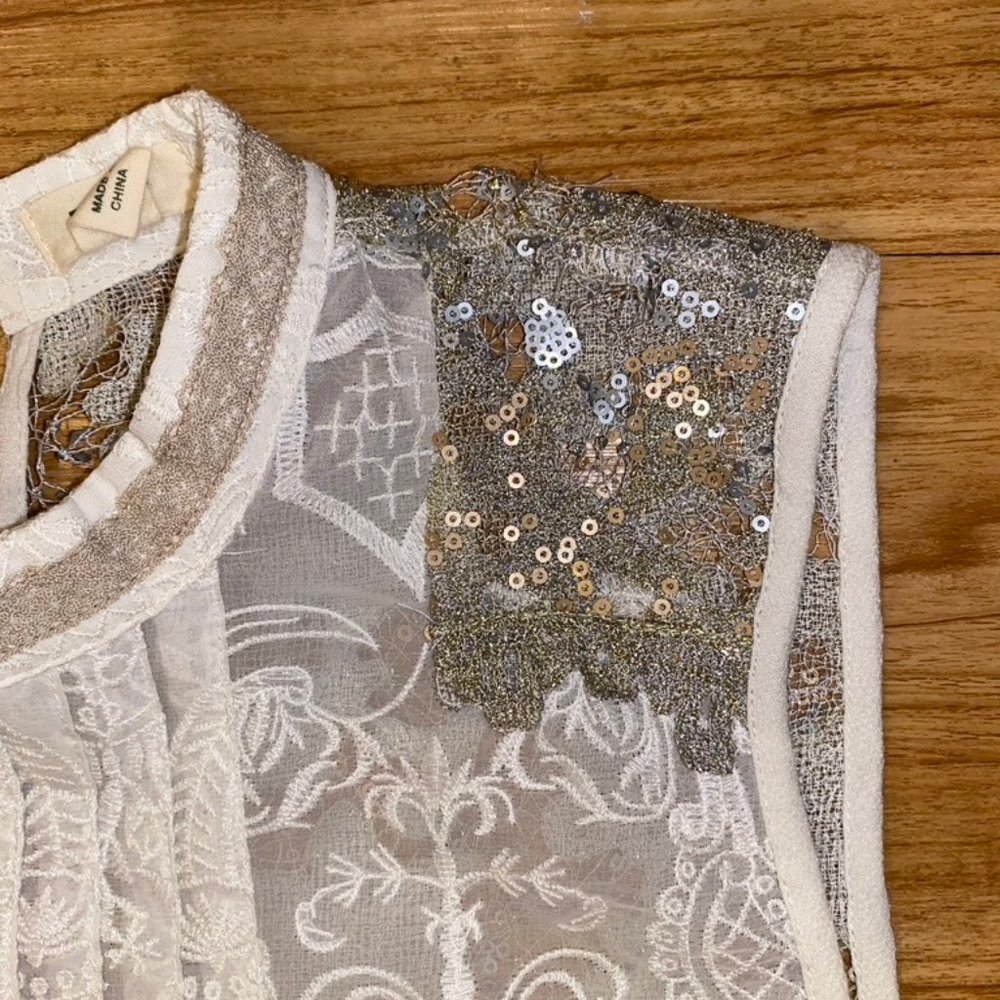 Anthropologie Tiny Sequins Lace Tank Blouse Size S